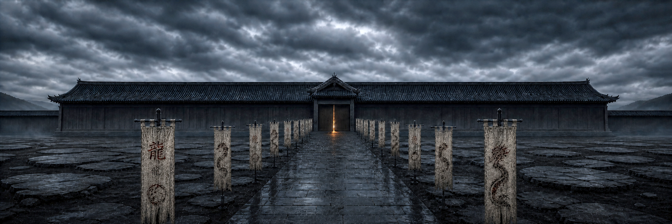 Final exterior keyframe of the long wet autumn temple approach
